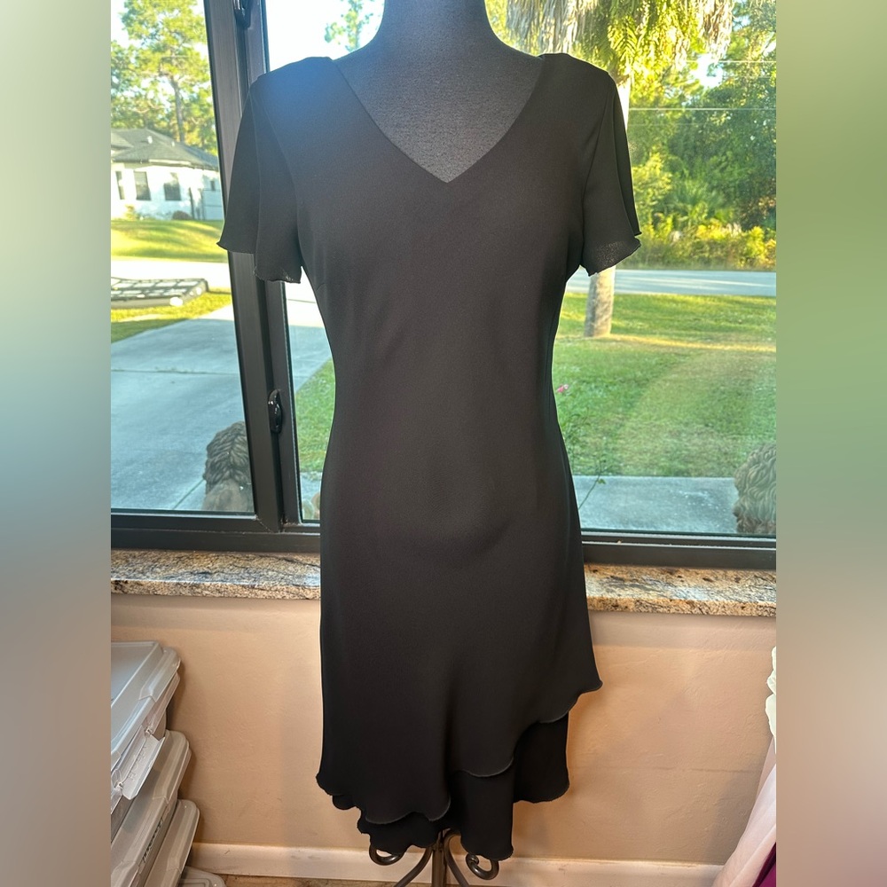 S.L. Fashions Vintage Black Dress Shoulder Pads Asymmetrical Hem Ruffle Size 12